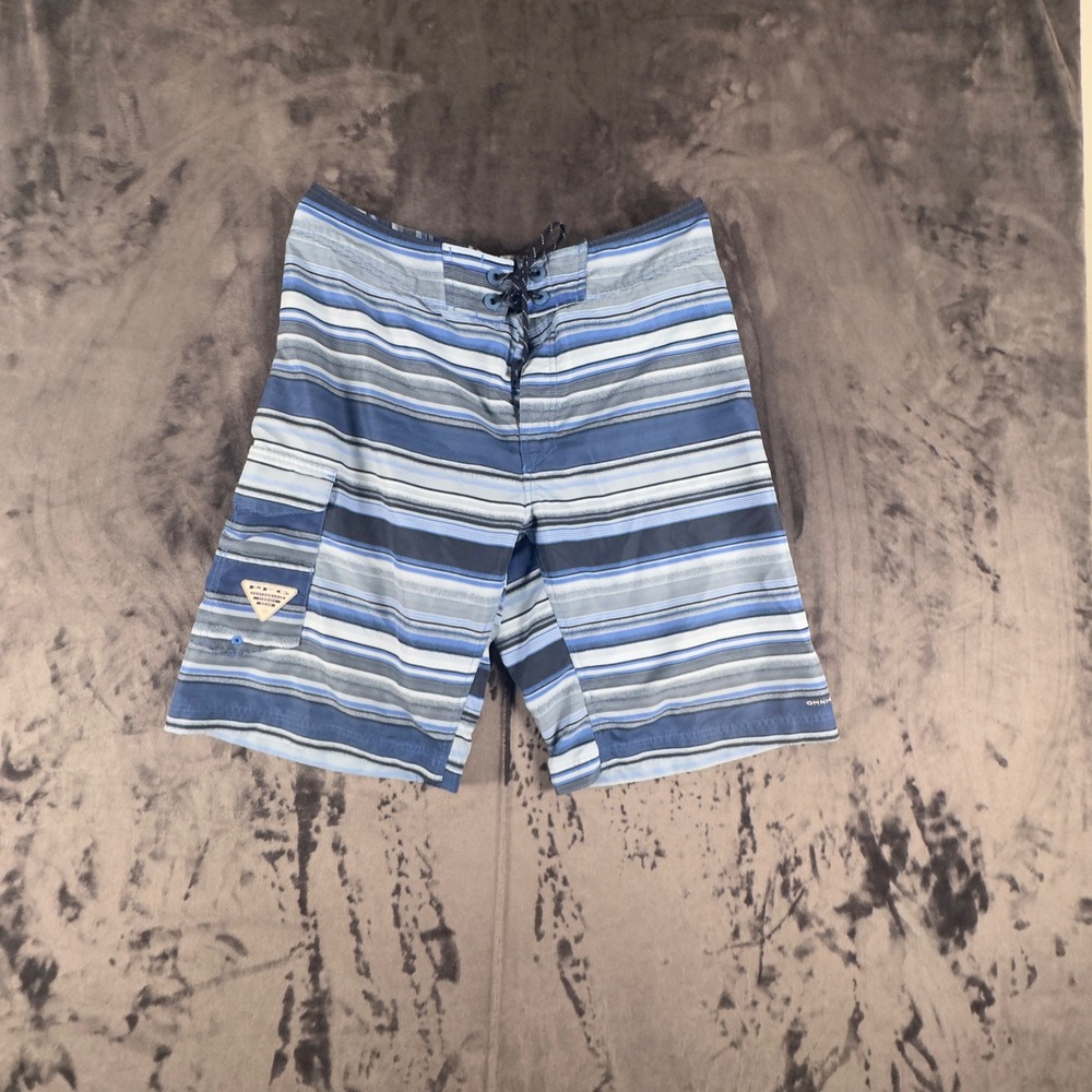Columbia Board Shorts Mens 34 Blue Striped PFG Fishing Omni-Shield Cargo